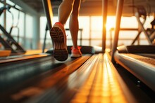 Active running workout of a woman in a fitness center. Close-up of legs in sneakers, girl athlete doing sports on a treadmill.