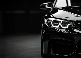 Wall Mural - Closeup on headlight of a generic and unbranded black car on a dark background