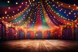Fototapeta  - Circus stage with lights and wooden floor. Vector illustration. Eps 10, Colorful multi colored circus tent background and twinkling lights, AI Generated