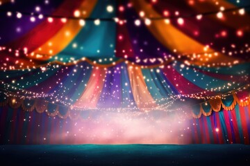 Wall Mural - Illuminated circus tent with stage lights and spotlights, 3d render, Colorful multi colored circus tent background and twinkling lights, AI Generated