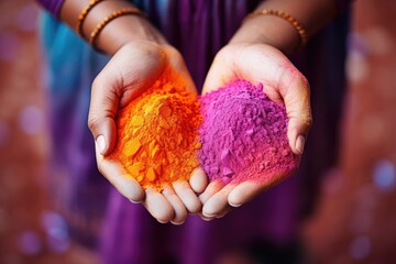 Sticker - Indian woman holding colorful holi powder in her hands, closeup, Colorful Holi powder in hands, Indian festival Holi background, AI Generated