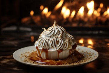 Wall Mural - baked alaska dessert with merengue in from from fireplace with copy space. 