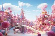 © Dina - gumdrop candy castle cartoon style illustration in pink light blue pastel color palette. Sweet tooth eating too much sugar. Caramel and candy production.