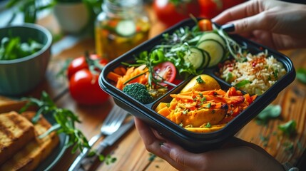 Hand of woman holding lunch box with healthy food on table