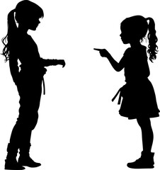 Two children talking, black silhouettes conceptual. AI generated illustration.