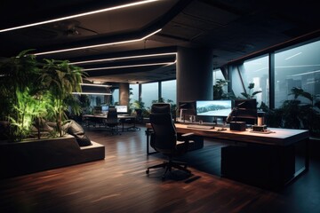 Sticker - Interior of a modern office with a panoramic view of the city, Control hub office, AI Generated