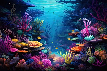 Wall Mural - Underwater world with corals and tropical fishes. Vector illustration, AI Generated