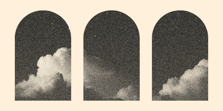 Retro winding arched window set. A collection of posters with the sky, noise effect, dots in black and white. Graphic psychedelic arched windows with space for text.