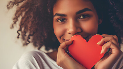 Close-up photo beautiful and amazing her dark skin lady adorable remember cuddling big paper card heart shape figure from dreamy wearing casual white t-shirt isolated yellow bright vibrant background,