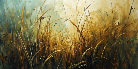 Wall Mural - The painting features long grass with a  bokeh light background.