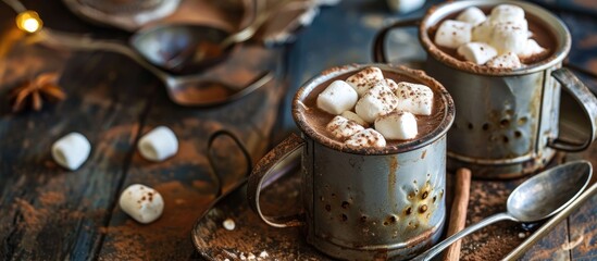 Canvas Print - Hot cocoa with marshmallows in two tin mugs