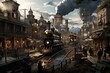 Steam locomotive in the steampunk city. 3d illustration, AI Generated