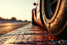 Close-up Of A Racing Car's Tire On The Track, Focusing On The Tread Pattern And Asphalt