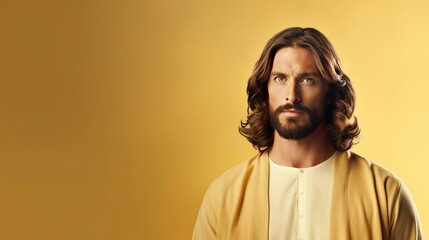 Wall Mural - Jesus solid colour background 4k , looking to camera, copy space - generative ai