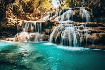 Wall Mural - Beautiful waterfall in tropical forest, Thailand. Long exposure shot, AI Generated