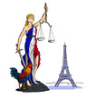 Justice in France, allegory of the french justice, justice with the Eiffel tower and a cock and a rooster, blind woman holding a scale and sword