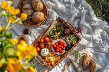 Wall Mural - Picnic basket with various of delicious food and drinks on beautiful red cloth blanket on a beautiful meadow, happy lunch time, top view, relax time.