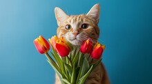 Red Cat With A Bouquet Of Tulips Blue Background, Women's Day, Valentine's Day