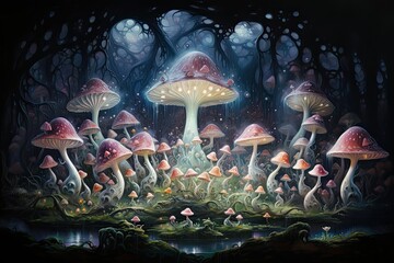 Poster - Fantasy landscape with mushrooms in the forest. 3D illustration, AI Generated