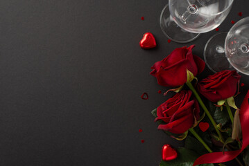 Wall Mural - Upscale Love Affair: Overhead shot of a sophisticated dining setting, featuring wineglasses, heart-shaped chocolates, bouquet of roses, and confetti against a chic black backdrop