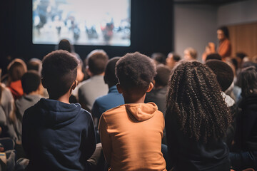 Wall Mural - Focus on back view small afro american kids attentively listening to the lecture about civil rights movements of Black history in community center on Black history month celebration