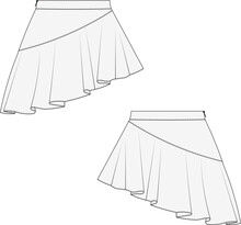 Frilly Asymmetric Short Mini Skirt Template Technical Drawing Flat Sketch Cad Mockup Fashion Woman Design Style Model Jean Denim