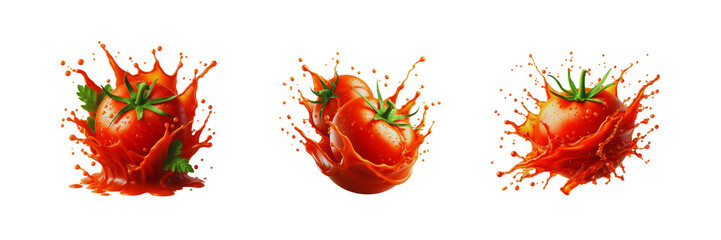 Wall Mural - Collection Set of tomato splashing out of juice, isolated over on transparent white background