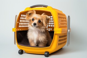 Wall Mural - A small, fluffy, purebred dog sits in an animal transport box on a light background. He looks at the camera. Close-up. Transportation of pets.