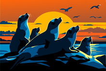 Group Of Seals Sunbathing On A Rock. Vektor Icon Illustation