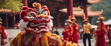 Chinese Traditional Lion Dance Costume Performing At A Temple In China