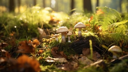 A stunning macro view of autumn mushrooms in a forest setting, with vibrant foliage and a fairytale atmosphere.