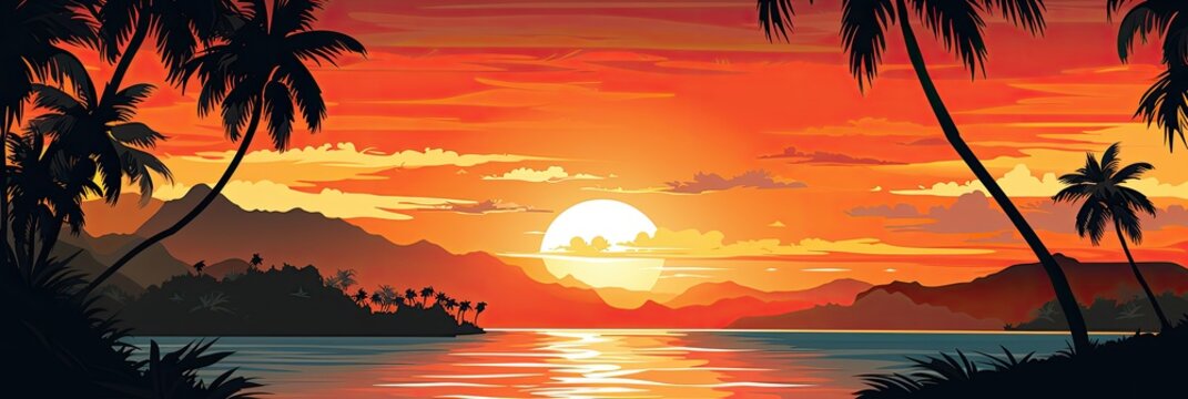 A tropical island sunset banner template, perfect for romantic getaways