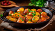 Roasted whole small potatoes with rosemary and salt in a pan, ruddy crust, appetizing dish