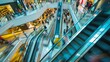 Blurred movement of Asian patrons riding an escalator at a city mall in Hong Kong, showcasing the economic and tourist lifestyle of the region from a bird's-eye view.