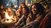 Diverse Women Enjoying A Cozy Evening In A Cabin, Gathered Around A Fire During Cold Season, With Emphasis On The Black Woman's Visage.