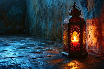 Wall Mural - Decorative lantern with lit candle shining at night. Festive card invite for Islamic sacred month Ramadan Kareem.