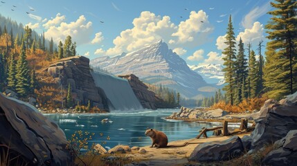 Sticker -  a painting of a bear sitting on the edge of a river with a mountain in the background and a waterfall in the foreground.