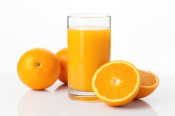 Wall Mural - glass of orange juice on a white background and an orange cut in half