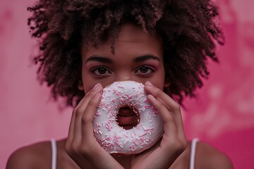 Canvas Print -  a close up of a person holding a doughnut in front of their face with a doughnut in front of her face.