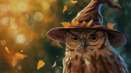 Wall Mural -  a painting of an owl wearing a witch's hat and a hat with leaves falling from the top of it.