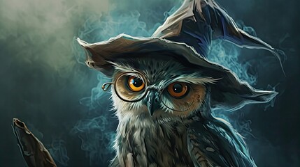 Canvas Print -  a painting of an owl with a hat and glasses on it's head wearing a wizard's hat.