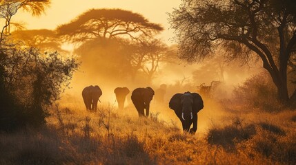 Canvas Print -  a herd of elephants walking across a dry grass field in front of a group of trees on a foggy day.