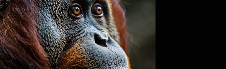  a close up of a monkey's face with an orange and black stripe on it's back end.