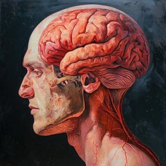 Sticker -  a painting of a man's head and brain with blood vessels running through the upper part of the head.