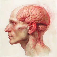 Sticker -  a drawing of a man's head with a red line on the side of the head and part of the brain visible.