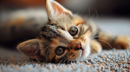 Wall Mural -  a close up of a kitten laying on a carpet with it's head on the carpet and eyes open.