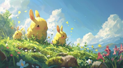 Sticker -  a couple of yellow rabbits sitting on top of a lush green field next to a lush green field filled with flowers.