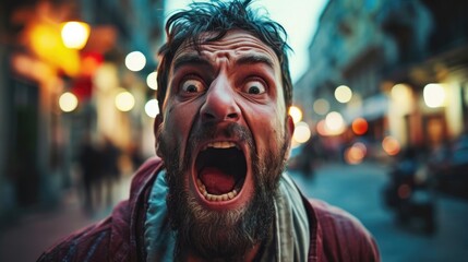 Canvas Print -  a close up of a person with a surprised look on his face with a city street in the back ground.