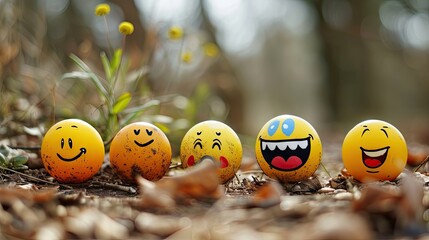 Wall Mural -  a group of eggs with faces painted on them sitting in the middle of a pile of leaves and grass with a plant in the background.