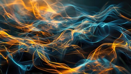 Poster -  a close up of a blue and yellow fire pattern on a black background with a blur of light coming from the top of the image.